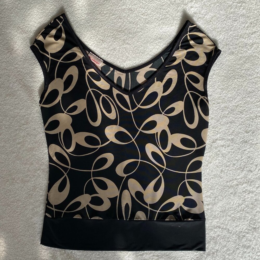 Womens Vintage Y2K Geometric Black & Tan Swirl Office Blouse Size L
